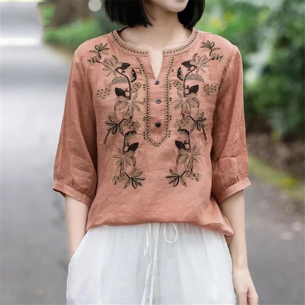 Women's Embroidery Spliced Solid Color V-Neck Shirt Summer